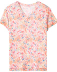 Damenbluse aus 100 % Maulbeerseide mit Blumenmuster – Kurzärmeliges Oberteil mit V-Ausschnitt, schmaler Passform, künstlerischem Druck und elegantem Sommer-Stil