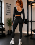 Women's Color Block Yoga Set – Long Sleeve Top & Cropped Leggings, 92% Nylon