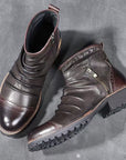 Herren Motorradstiefel – Verstärktes PU-Leder, rutschfeste Gummisohle, seitlicher Reißverschluss & Schnallen, Wadenhoch 30cm