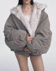 Women's Reversible Double-Sided Faux Fur Jacket – Cropped Vintage Style with Detachable Collar