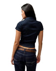 Damen Slim-Fit asymmetrisches Jeans-Cowboyhemd – Kurzarm, Dunkelblau, Größen S–L