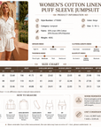 Women's Cotton Linen Puff Sleeve Jumpsuit – High-Waist Shorts Romper in Beige