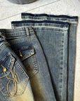 Damen Retro Schlagjeans mit Stickerei – High-Waist Stretch-Denimhose mit Vintage Blue Wash & schmalem ausgestelltem Bein