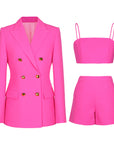 Damen Hosenträger Anzug Set – Elegantes 3-teiliges Outfit mit Blazer, Top & Shorts aus Stretch-Spandex für Büro, Pendler & schicke Freizeitkleidung