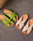 Chaussons en cuir tissés à la main pour femmes – Sandales d'été à enfiler bout ouvert avec support de voûte plantaire