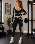 Women's Color Block Yoga Set – Long Sleeve Top & Cropped Leggings, 92% Nylon