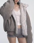 Women's Reversible Double-Sided Faux Fur Jacket – Cropped Vintage Style with Detachable Collar
