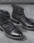 Herren Motorradstiefel – Verstärktes PU-Leder, rutschfeste Gummisohle, seitlicher Reißverschluss & Schnallen, Wadenhoch 30cm