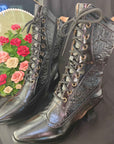 Women’s Genuine Sheepskin Mid-Calf Boots – Vintage Lace-Up with Carved Special-Shaped Heel