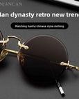 Men's Rimless Crystal Lens Sunglasses – Round Vintage Metal Frame with UV Protection