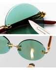 Men's Green Crystal Round Sunglasses – Gold Copper Alloy Frameless Retro UV375 Eyewear with Diamond-Cut Trim