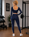 Women's Color Block Yoga Set – Long Sleeve Top & Cropped Leggings, 92% Nylon