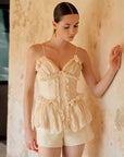 Damen trägerloser Jumpsuit mit Rüschen – High Waist, schmal geschnitten, französischer Stil, Frühling Romper