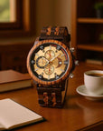 Men's Natural Sandalwood Quartz Watch – Large Dial Chronograph, Minimalist Wooden Design