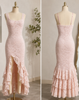 Women's Backless Sling Maxi Dress – Lace Ruffle Irregular Hem Bodycon