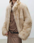 Women’s Fox-Style Faux Fur Stand Collar Coat – Retro Mid-Length Winter Luxury