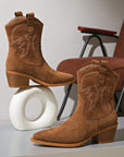 Women's Short Western Cowboy Boots – Suede Pointed Toe Thick Heel Slip-On