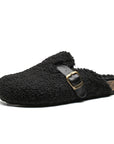 Women's Wool-Lined Genuine Leather Mule Slippers – Retro Thick-Sole Backless Slip-Ons