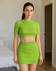 Women's Knit Two-Piece Set – Midriff Crop Top and High-Slit Button Skirt