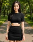 Women's Knit Two-Piece Set – Midriff Crop Top and High-Slit Button Skirt