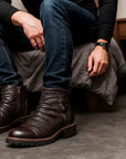 Men's Motorcycle Boots – Reinforced PU Leather, Anti-Slip Rubber Sole, Side Zipper & Buckles, Mid-Calf 30cm