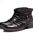 Herren Motorradstiefel – Verstärktes PU-Leder, rutschfeste Gummisohle, seitlicher Reißverschluss & Schnallen, Wadenhoch 30cm