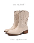 Cowboy-Stiefel für Damen mit Lochmuster – Western-Mid-Calf-Stiefel aus echtem Leder mit Stickerei, Blockabsatz und atmungsaktivem Cut-Out-Design