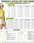 A size guide infographic for women's activewear garments, featuring a top size chart, shorts size chart, and a how-to section with illustrations and text instructions on measuring bust, waist, hips, shoulder, thigh, front/back size, and outer/shoulder measurements.