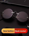 Men's Rimless Crystal Lens Sunglasses – Round Vintage Metal Frame with UV Protection