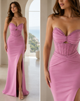 Damen Sexy Korsett-Abendkleid für formelle Anlässe & Partys – Trägerloses Satinperlen-Spitzen-Maxikleid mit schmaler Passform