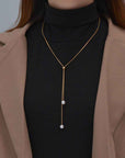 Women's Adjustable Y-Shaped Pearl Pendant Necklace – Korean Fashion Geometric Zinc Alloy Chain, 61–70cm