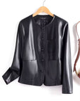 Damenjacke aus 100 % echtem Schaffleder – schmale Passform, kurzer Rundhalsmantel im koreanischen Stil