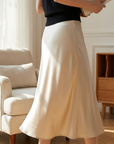 Damen Maxi Satinrock im Meerjungfrauen-Stil – Eleganter A-Linien-Midirock aus Triacetat-Mischgewebe mit schrägem Schnitt und fließendem Fall für Büro und Freizeit