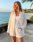 Damen Tencel Zweiteiler – Weiches Lyocell Hemd & Shorts Outfit mit geometrischem Print, atmungsaktivem Stoff & lässig-elegantem Stil