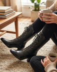 Damenstiefel aus echtem Lammfell, wadenhoch – Vintage-Schnürstiefel mit geschnitztem, speziell geformtem Absatz