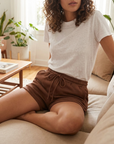 Damen High-Waist Baumwoll-Frottee-Shorts – lockere Lounge-Shorts mit Kordelzug und Taschen, S–L, 5 Farben