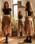 Asymmetrischer A-Linien-Midirock für Damen mit hoher Taille – Gerüschter Rock mit Spitze & schmaler Passform