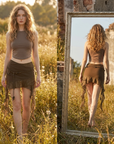 Asymmetrischer A-Linien-Midirock für Damen mit hoher Taille – Gerüschter Rock mit Spitze & schmaler Passform