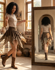 Asymmetrischer A-Linien-Midirock für Damen mit hoher Taille – Gerüschter Rock mit Spitze & schmaler Passform