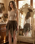Asymmetrischer A-Linien-Midirock für Damen mit hoher Taille – Gerüschter Rock mit Spitze & schmaler Passform