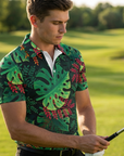 Golf-Polohemd für Herren mit Print, kurzärmlig – Atmungsaktives Blumen-Performance-Oberteil aus Baumwoll-Spandex, S–5XL