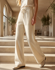 Women's High-Waisted Wide-Leg Wool Blend Pants – Fleece-Lined Straight Trousers with Elastic Waist, Soft Silk Blend & Elegant Winter Style
