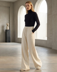 Women's High-Waisted Wide-Leg Wool Blend Pants – Fleece-Lined Straight Trousers with Elastic Waist, Soft Silk Blend & Elegant Winter Style