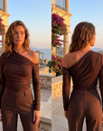 Damen One-Shoulder Langarm-Gaze-Top – Slim Fit Asymmetrische Milchseidenbluse mit Falten-Detail & elegantem Streetstyle