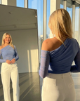 Damen One-Shoulder Langarm-Gaze-Top – Slim Fit Asymmetrische Milchseidenbluse mit Falten-Detail & elegantem Streetstyle