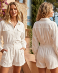 Women's Cotton Linen Puff Sleeve Jumpsuit – High-Waist Shorts Romper in Beige