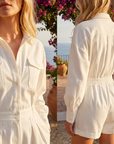 Women's Cotton Linen Puff Sleeve Jumpsuit – High-Waist Shorts Romper in Beige
