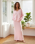 Strickpullover mit V-Ausschnitt und langer Rock für Damen – Schlichtes, elegantes Zweiteiler-Outfit