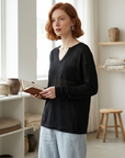 Tencel-Leinen-Mix V-Ausschnitt Langarm-Oberteil
