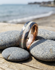 Men's Tungsten Rose Gold Hammered Ring – Crushed Opal Inlay